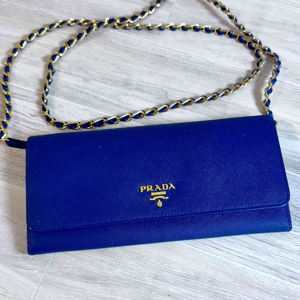 Prada Saffiano Leather Blue Wallet on Chain